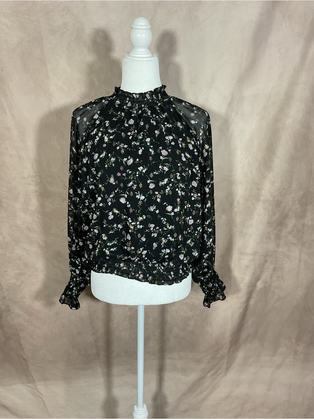 Sheer Black Floral Smocked Neck Blouse
